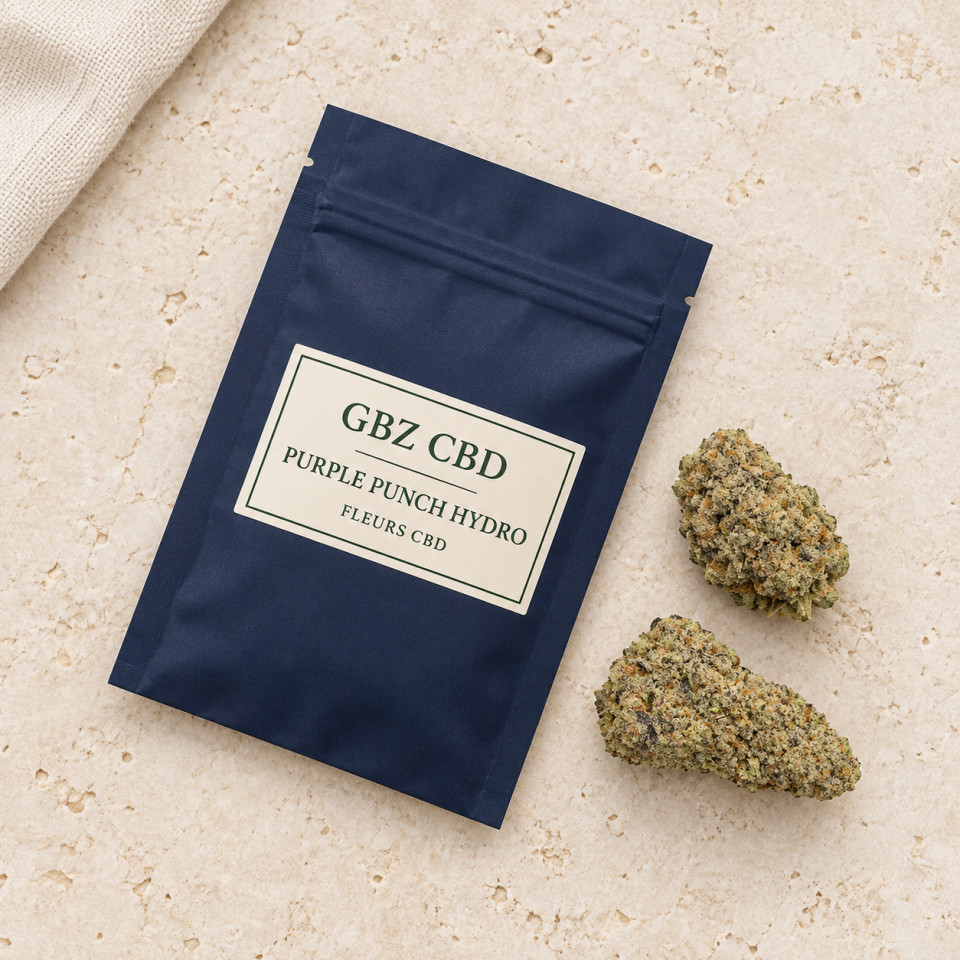 Purple Punch Hydro — mise en scène du conditionnement GBZ CBD