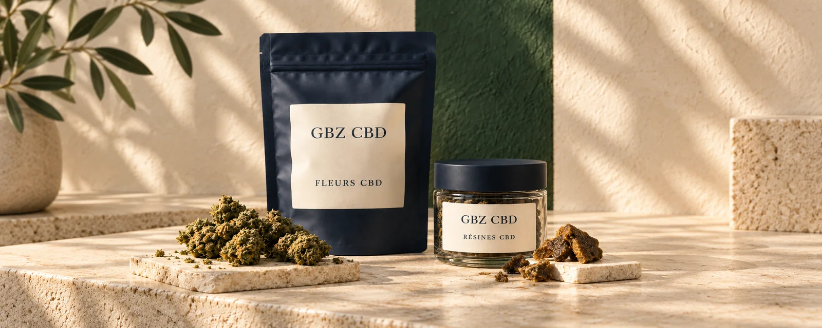 Fleurs et résines CBD présentées avec leurs conditionnements GBZ CBD